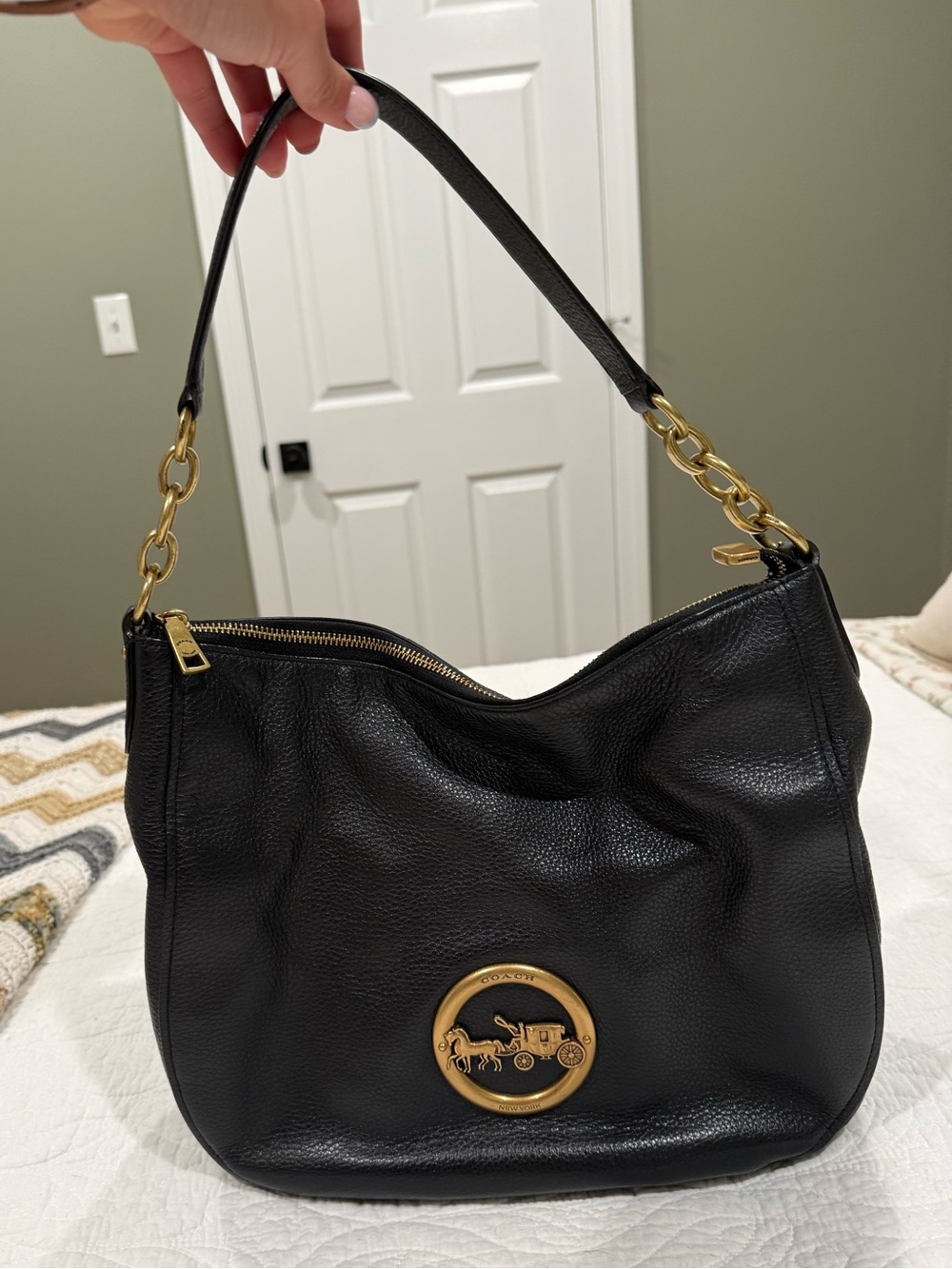 Coach Elle Hobo Black Pebbled Leather Shoulder Bag with Gold Hardware